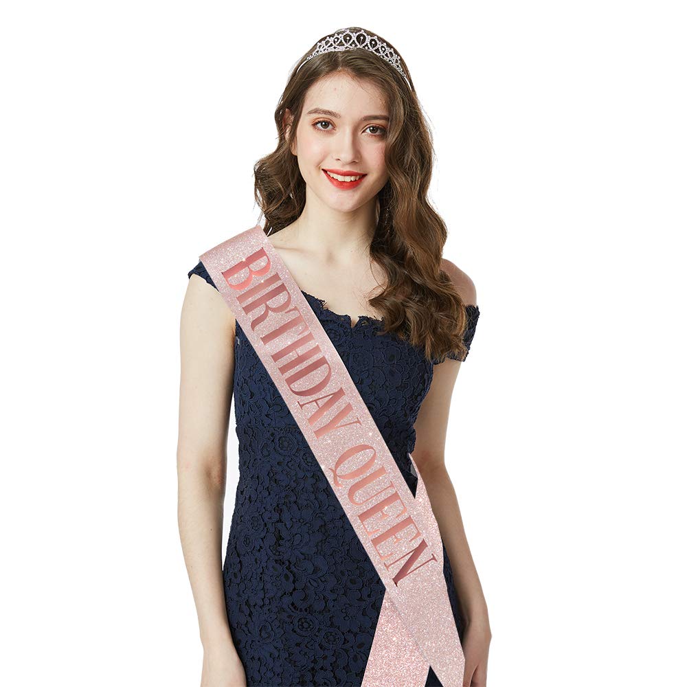 Birthday Queen Sash & Rhinestone Tiara - Rose Gold Birthday Gifts Glitter Birthday Sash Birthday Party Favors